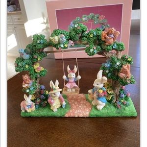 Amazing Vntg Easter Set w/Original Box Girl Bunny on the Swing Actually Swings